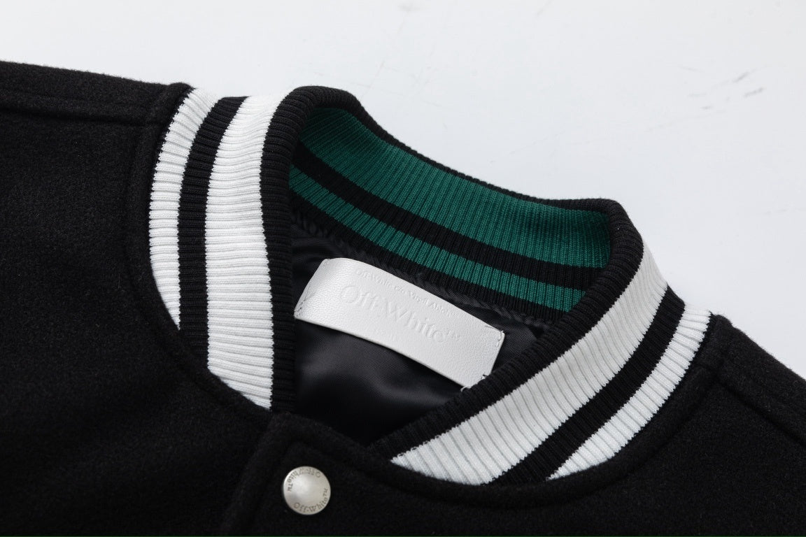 Off-White Black Crocodile Wool and Leather Varsity Jacket